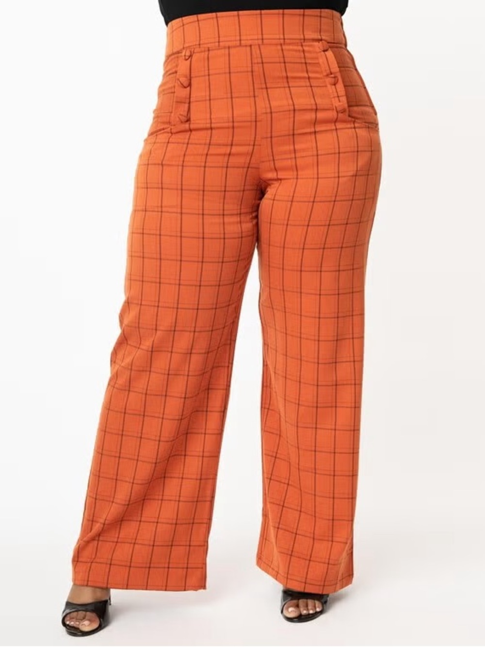 Unique Vintage Orange Plaid High-Waist Wide Leg Pants
